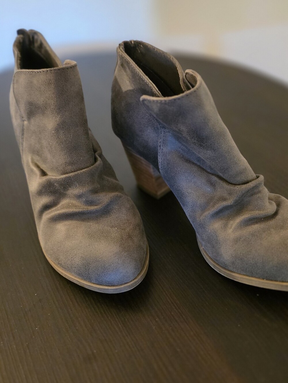 Report Gray Suede Back-Zip Ankle Booties with Stacked Heel